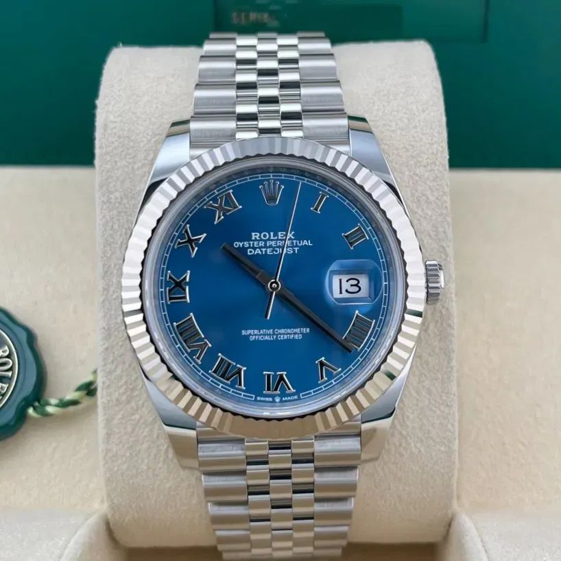 2025 2025 Rolex Datejust 41 Steel  Fluted  Azzurro Blue  Roman  Jubilee Ref. 126334-0026 — Crown Watch Group Miami