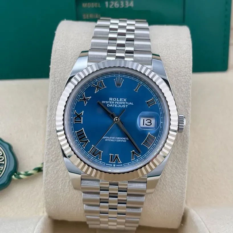 2025 2025 Rolex Datejust 41 Steel  Fluted  Azzurro Blue  Roman  Jubilee Ref. 126334-0026 — Crown Watch Group Miami