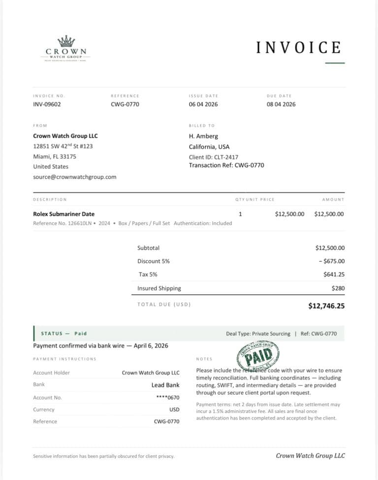 Rolex Submariner Date — transaction proof