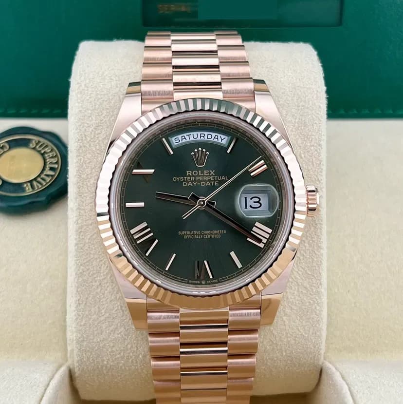2023 Rose Gold Fluted Olive-Green Roman President Ref. 228235-0025 — Crown Watch Group Miami