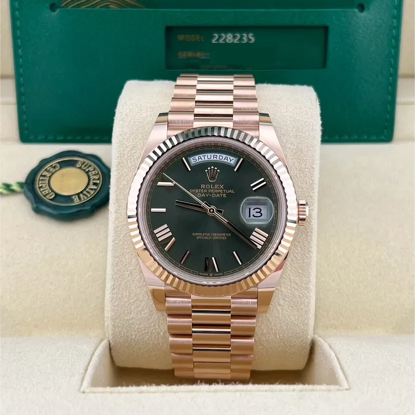 2023 Rose Gold Fluted Olive-Green Roman President Ref. 228235-0025 — Crown Watch Group Miami