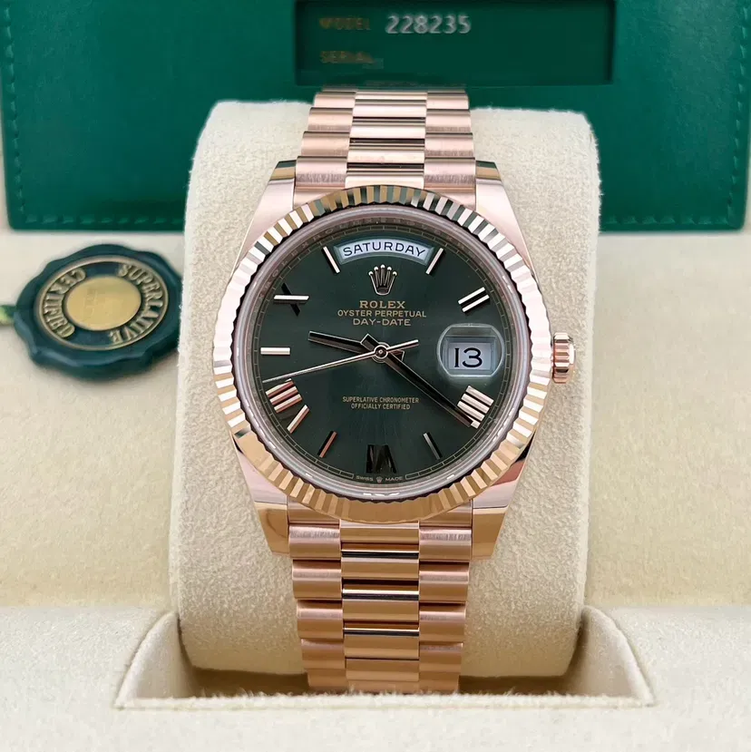 2023 Rose Gold Fluted Olive-Green Roman President Ref. 228235-0025 — Crown Watch Group Miami