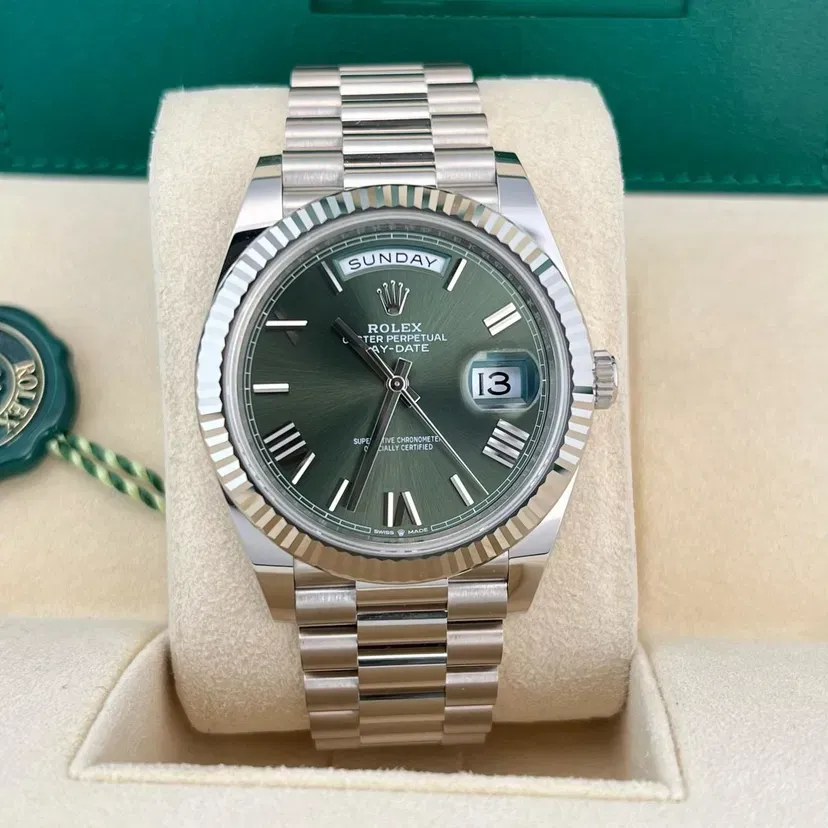 2023 2023 Rolex Day-Date 40 White Gold / Fluted / Olive-Green / Roman / President Ref. 228239-0033 — Crown Watch Group Miami