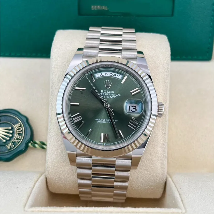 2023 2023 Rolex Day-Date 40 White Gold / Fluted / Olive-Green / Roman / President Ref. 228239-0033 — Crown Watch Group Miami