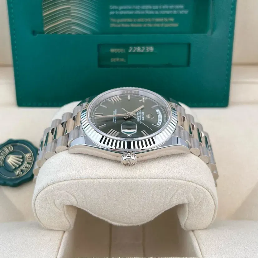 2023 2023 Rolex Day-Date 40 White Gold / Fluted / Olive-Green / Roman / President Ref. 228239-0033 — Crown Watch Group Miami