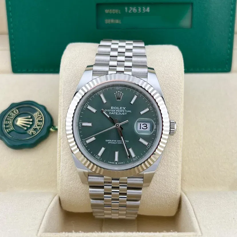 2025 2025 Rolex Datejust 41 Steel Fluted Mint Green Jubilee Ref. 126334-0028 — Crown Watch Group Miami